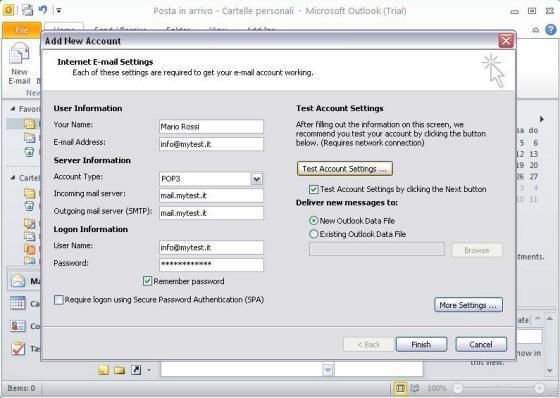parametri accesso account di posta