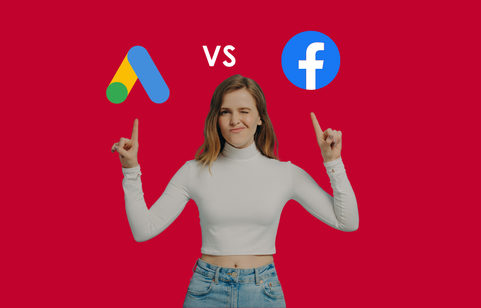 Ragazza che indica con l'indice l'icona di Facebook ads e Google ads
